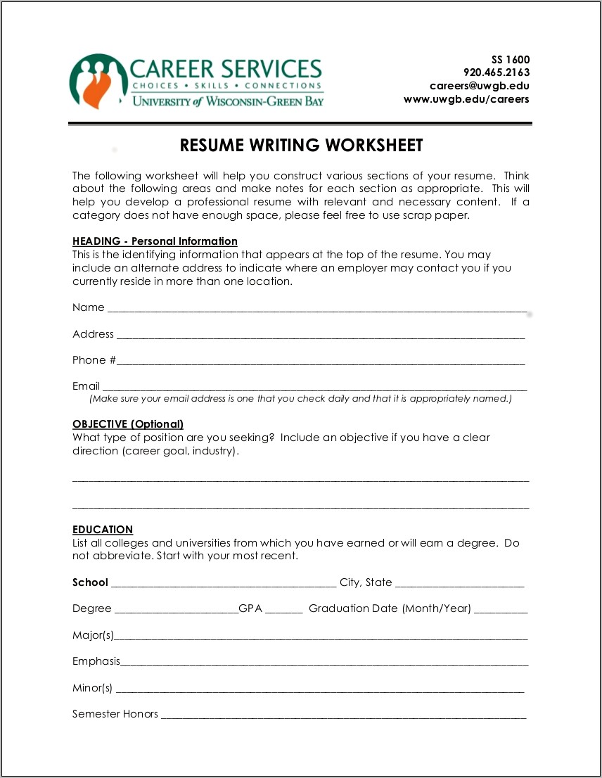 My First Resume Worksheet For Middle School