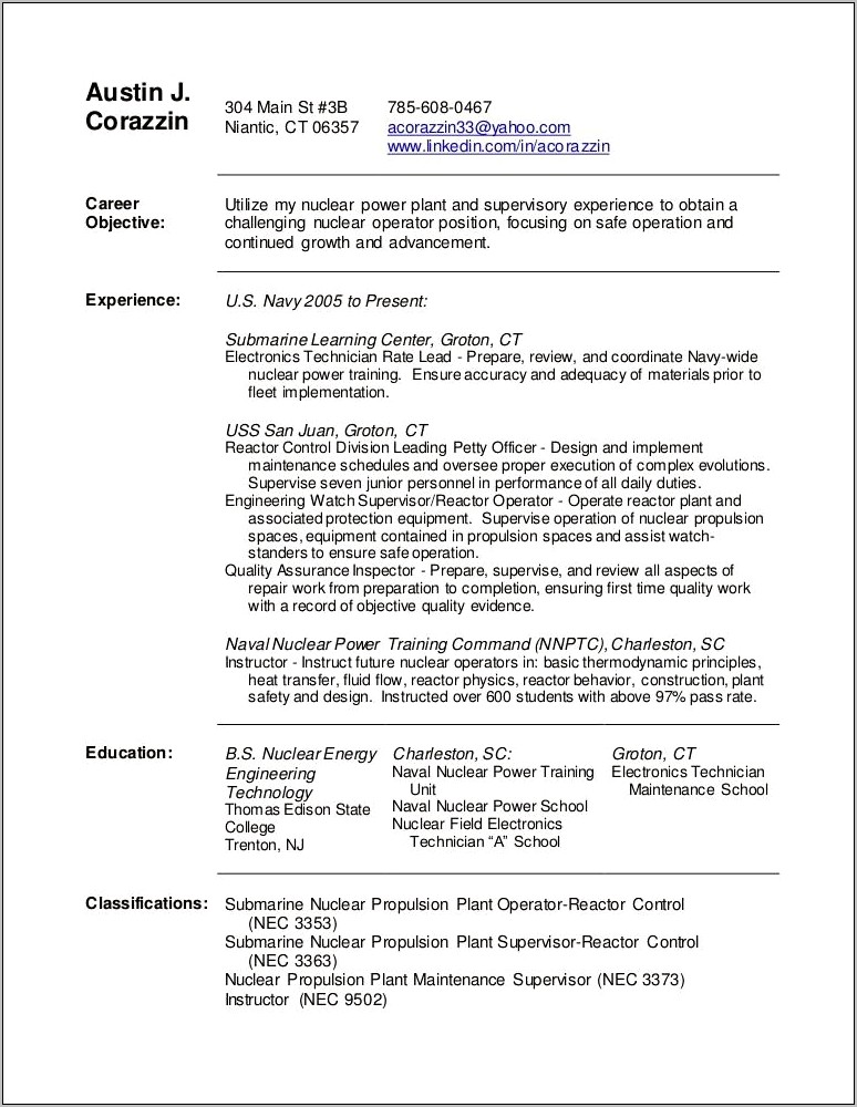 Navy Nuclear Electronics Technician Job Description For Resume