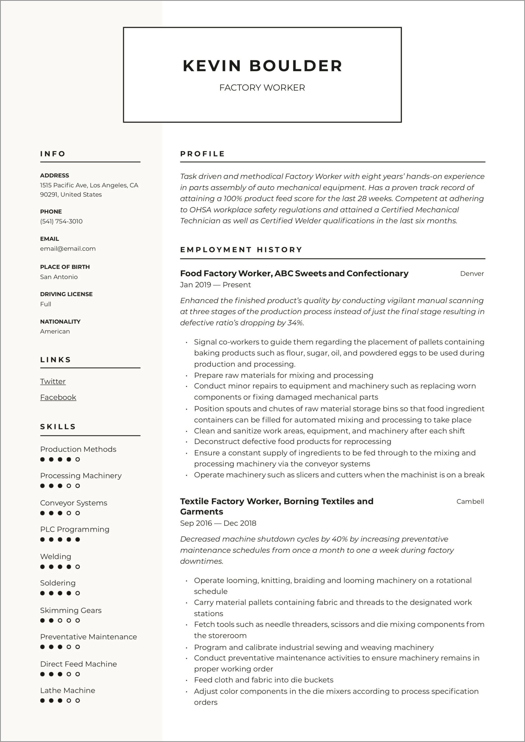 Need Help Writing A Resume Production Line Worker