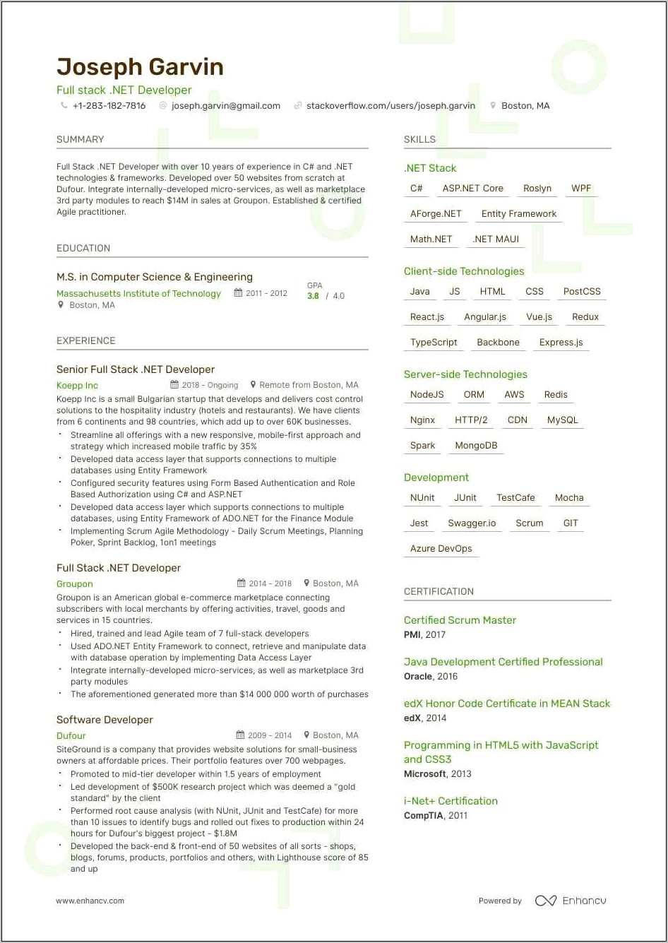 Net Developer Resume With Angularjs Experience