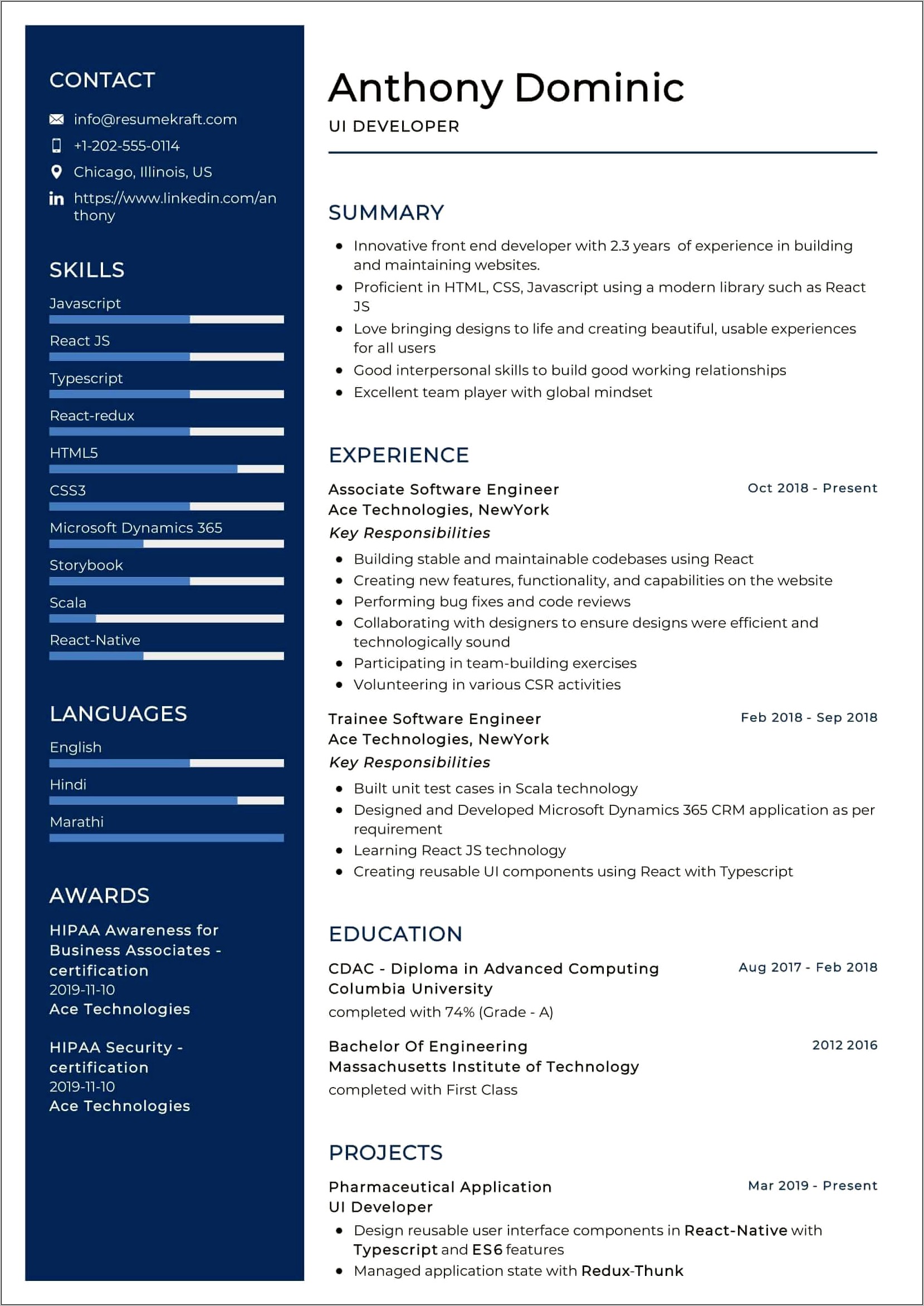 Net Developer With React Js Sample Resume Indeed