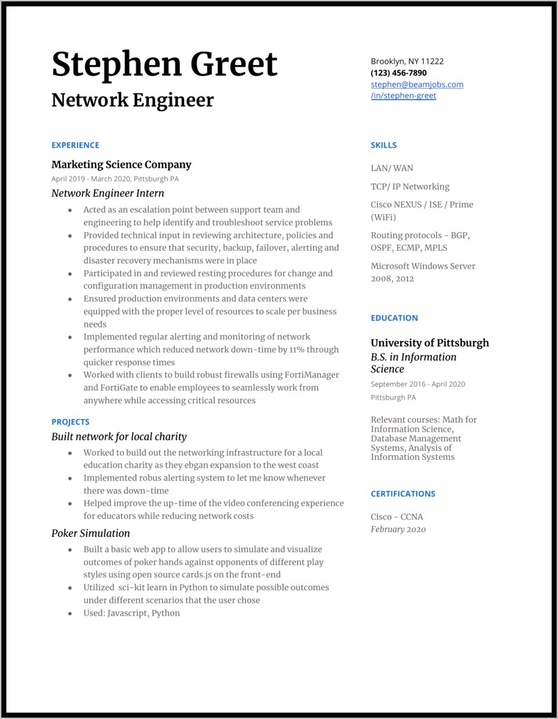 Network And System Support Engineer Sample Resume