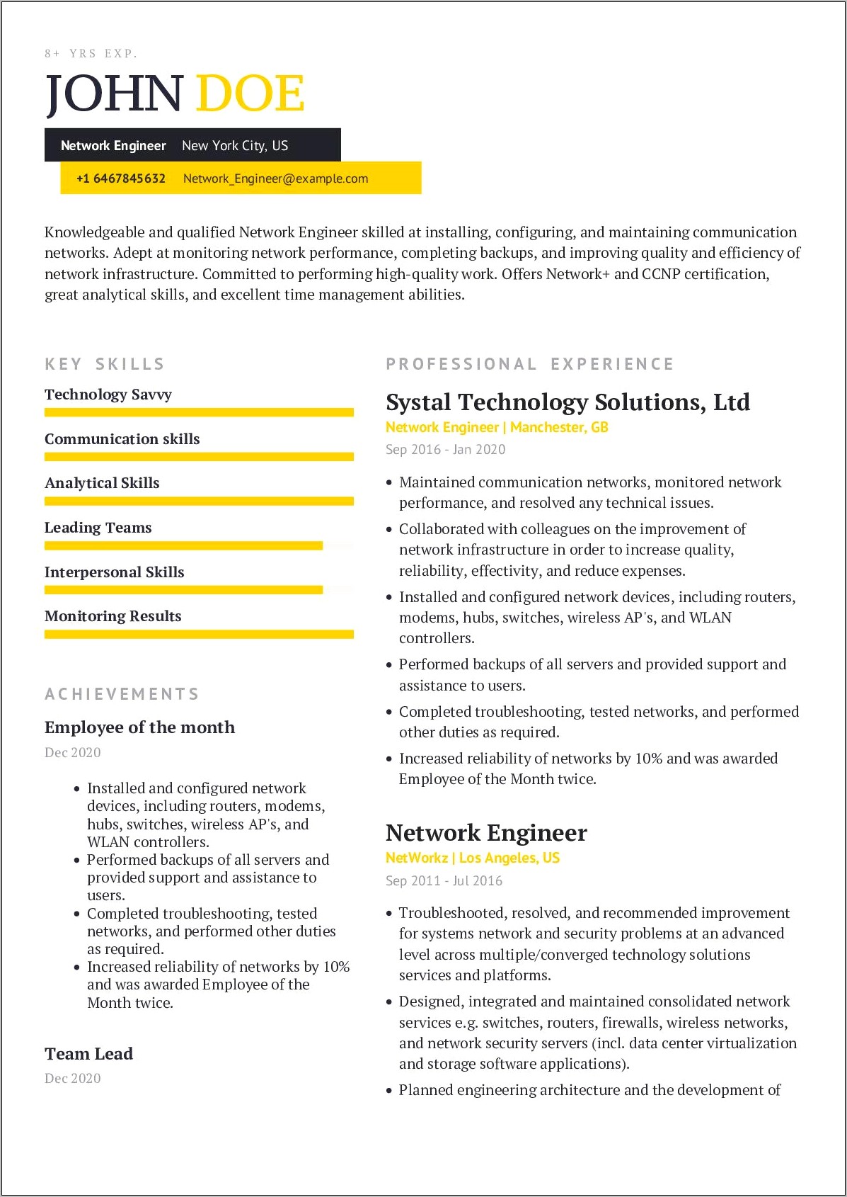 Network Engineer Resume Summary Of Qualifications