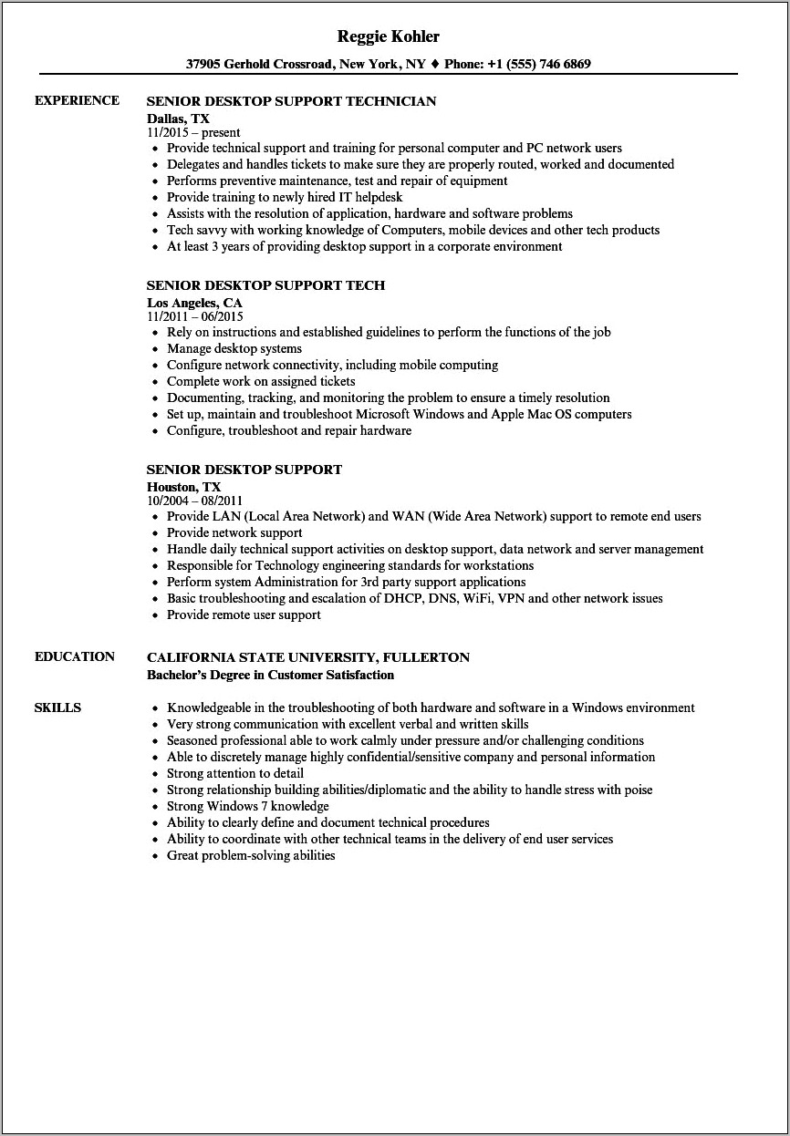 Network Support Technician Entry Level Resume Sample