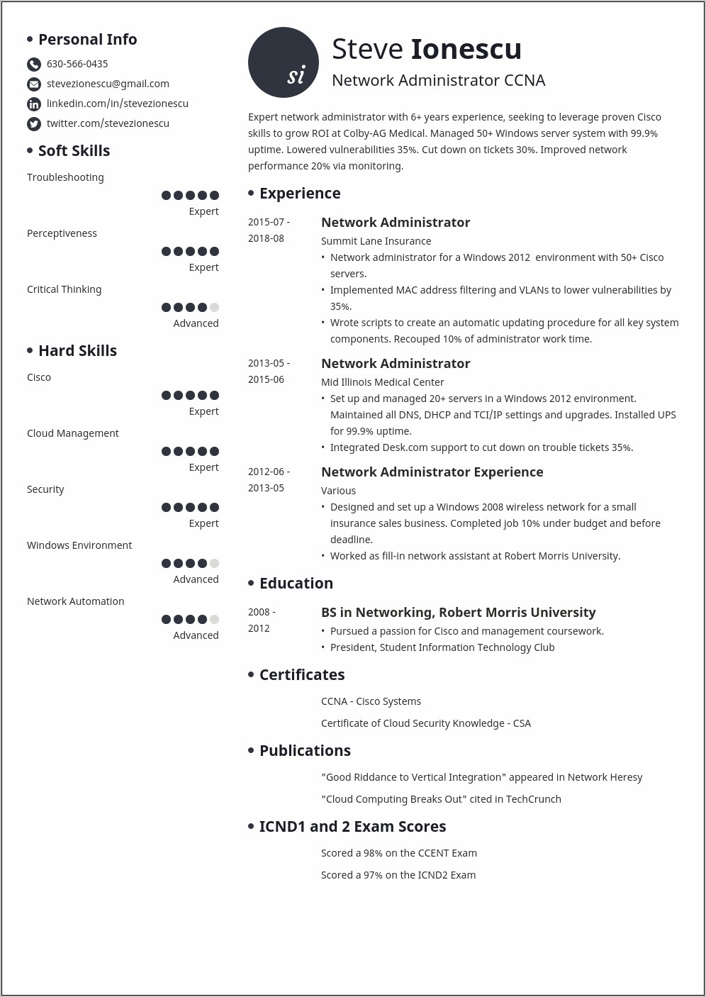 Network Systems Sample Resume With Cisco