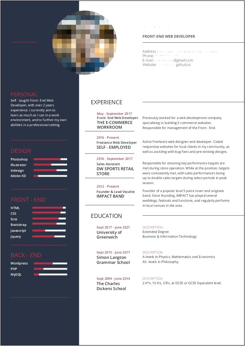 New Front End Developer Resume Example
