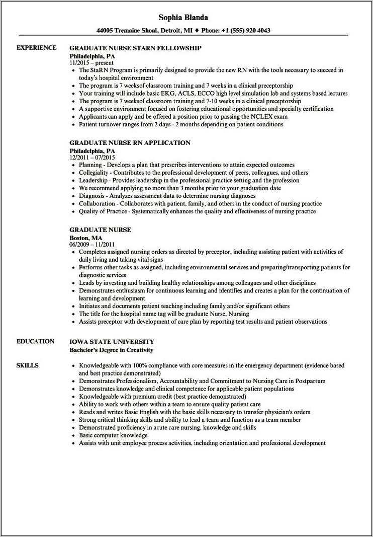New Grad Nursing Resume Clinical Experience Ucsd