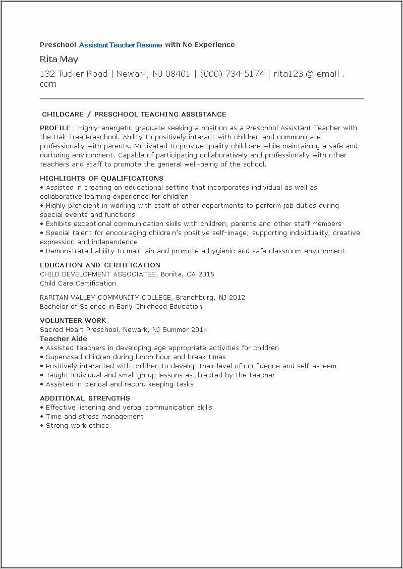 New Teacher Resume With No Experience