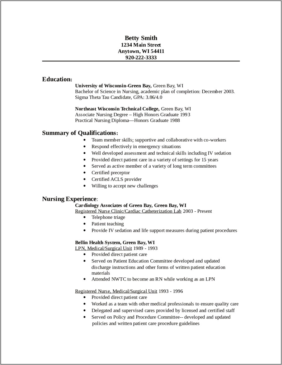 Newly Graduate Vocational Nurse Resume Summary Example