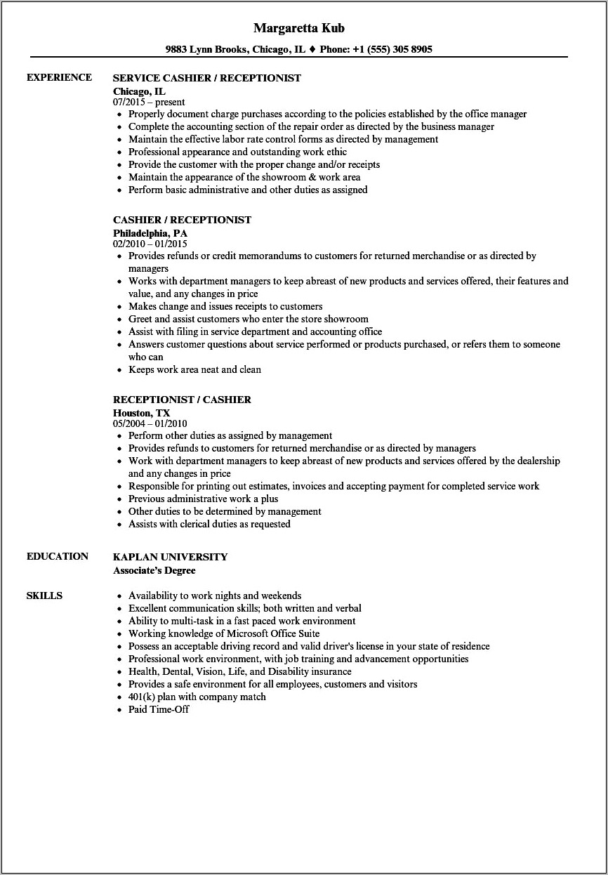 Nightshift Cashier Job Description For Resume