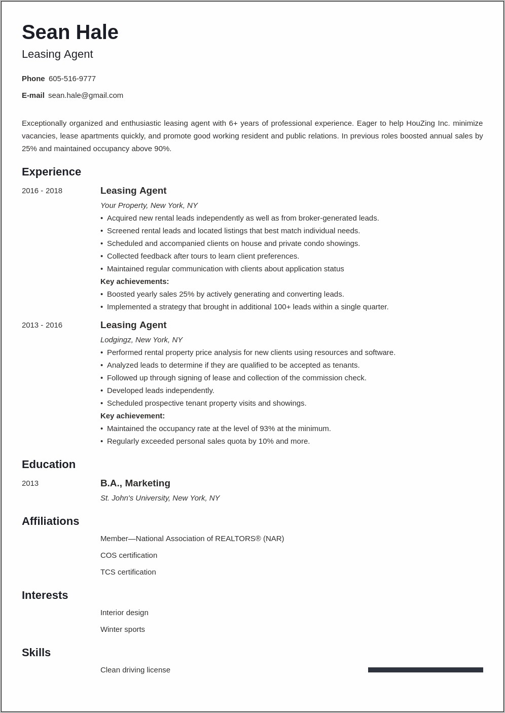 No Experience Apartment Leasing Agent Resume