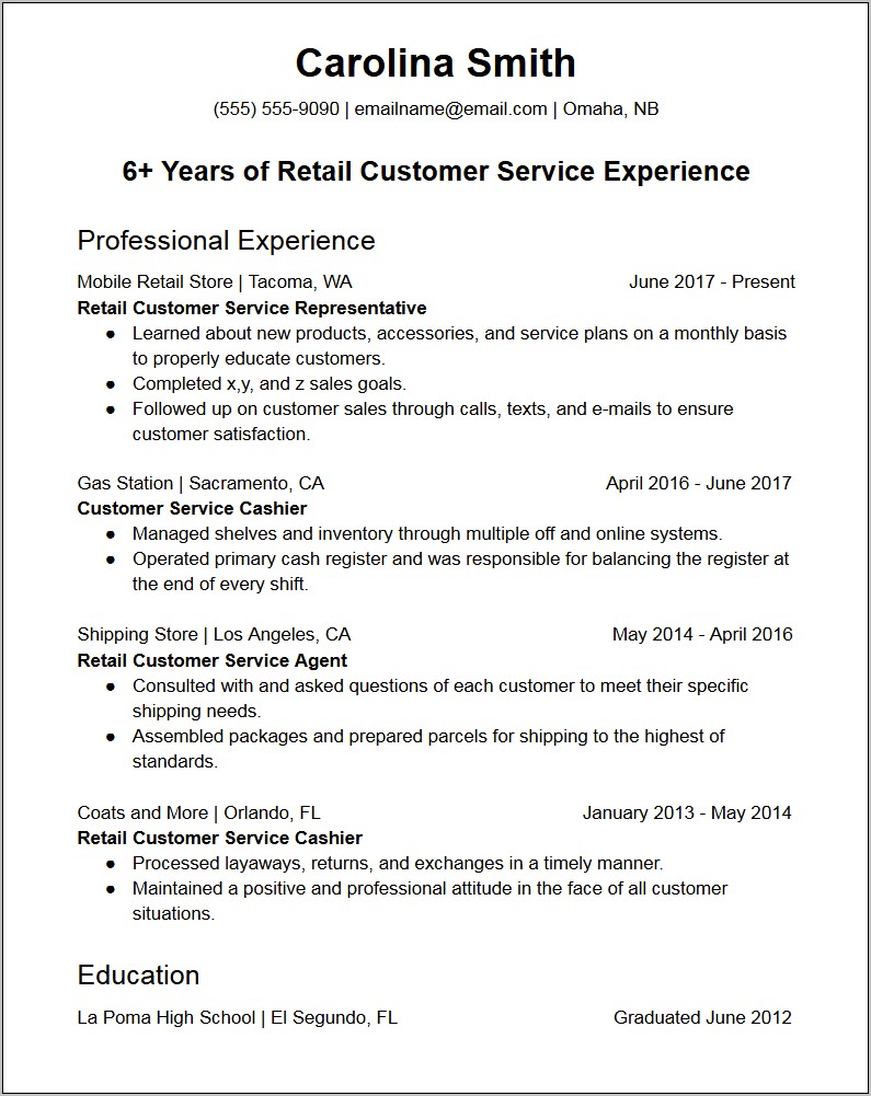 No Experience Customer Service Resume Sample