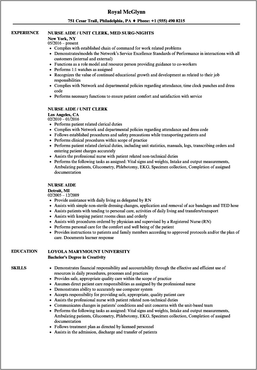 Nurse Aide Job Description For Resume