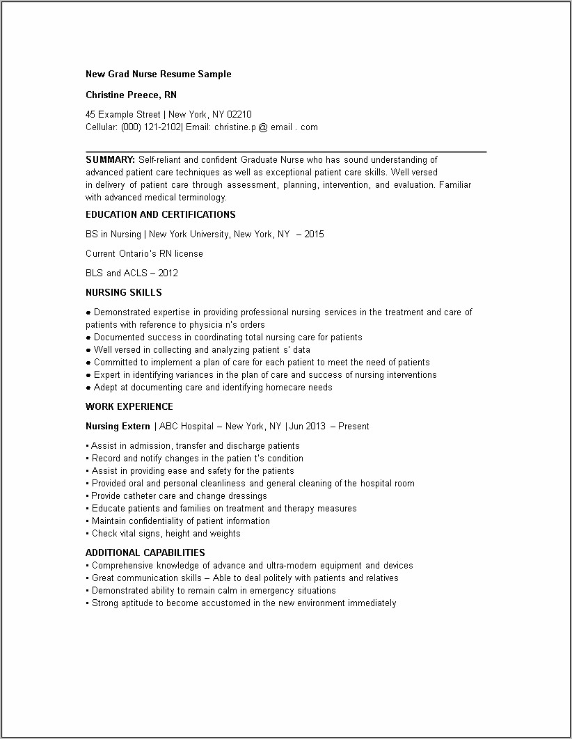 Nurse Extern Job Description For Resume