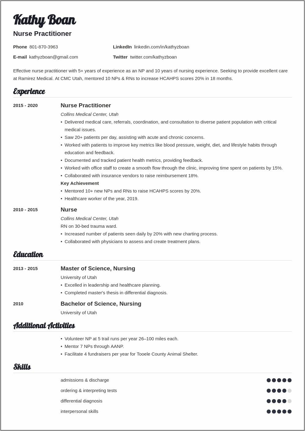 Nurse Practitioner Graduate School Application Resume