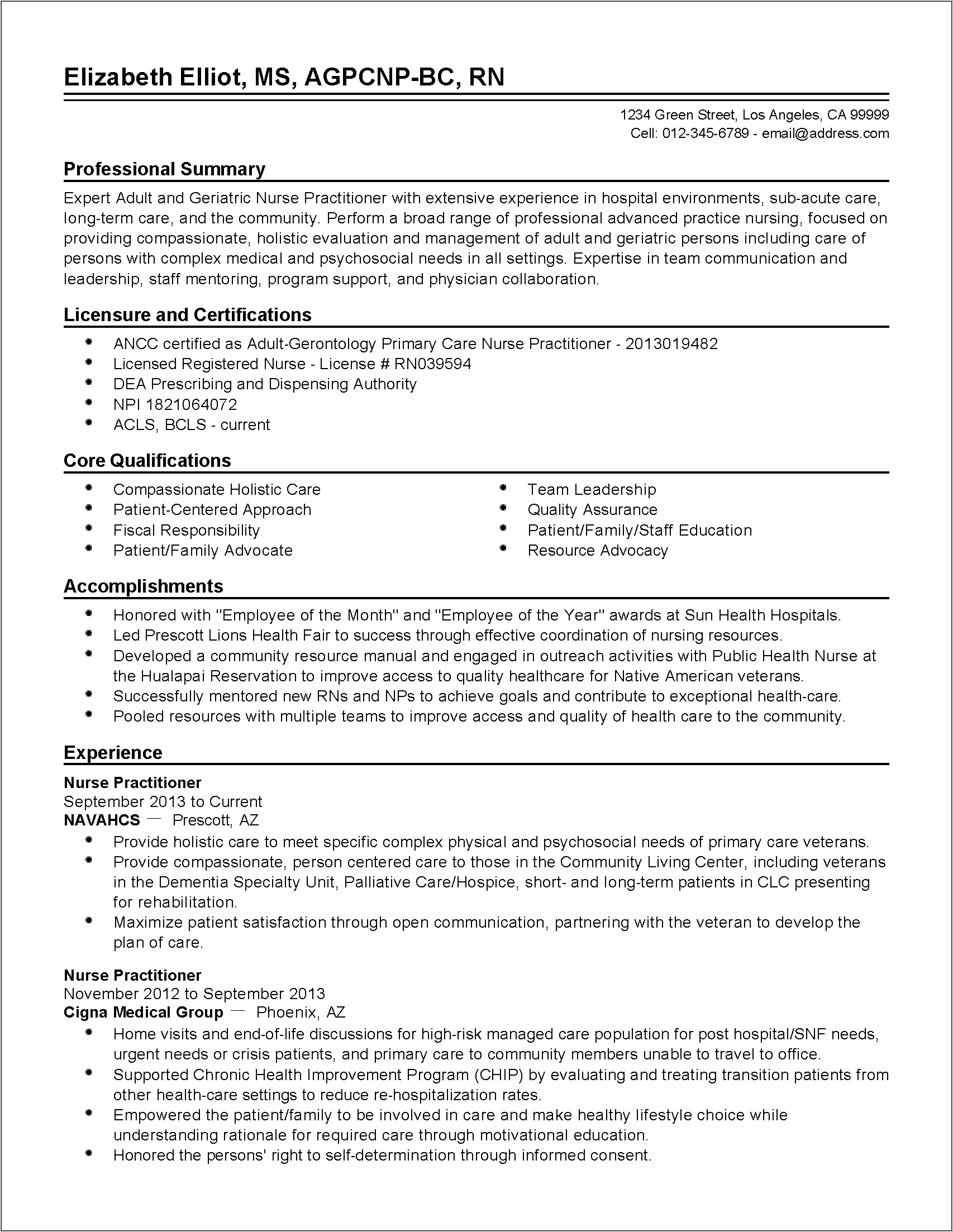 Nurse Practitioner Resume Example With Summary