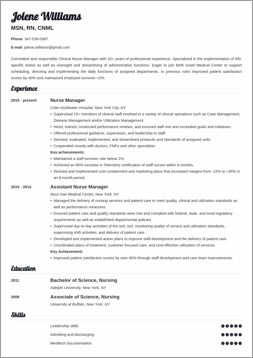 Nurse Unit Manager Job Description For Resume