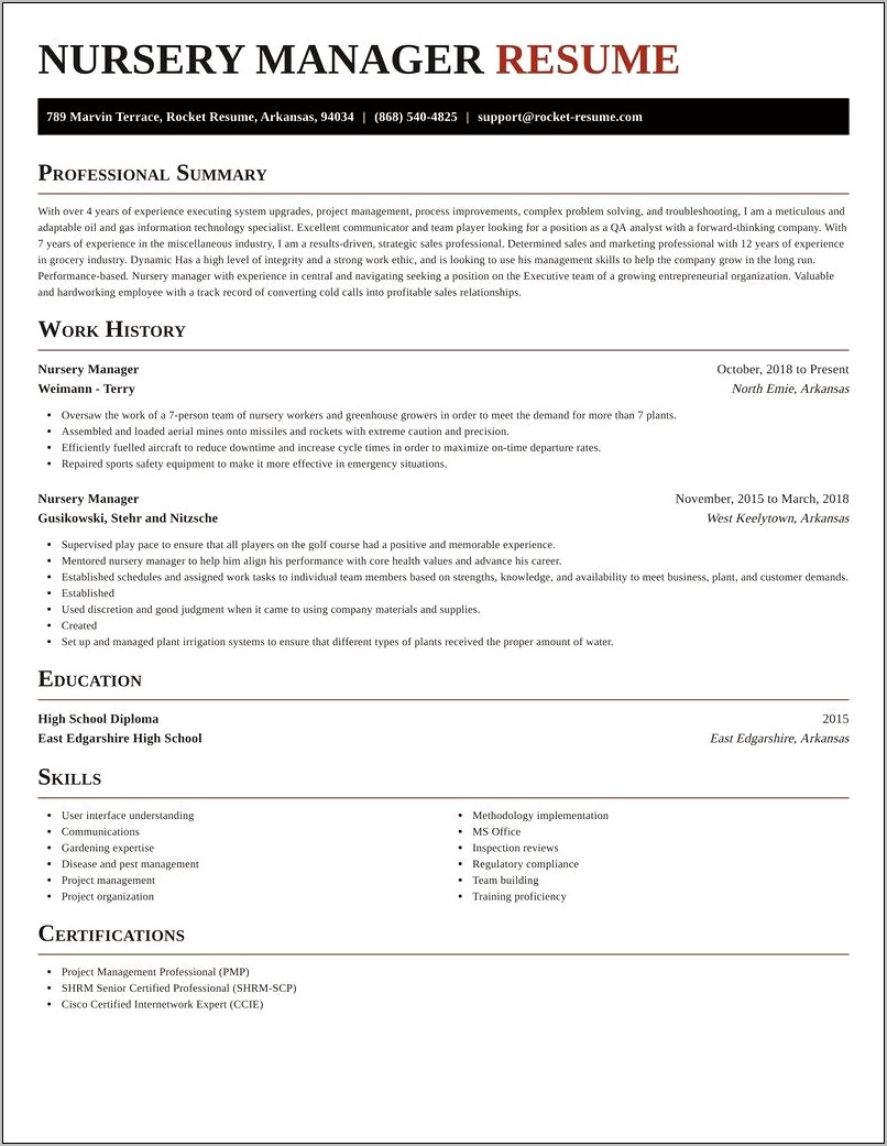 Nursery Manager Job Description For Resume