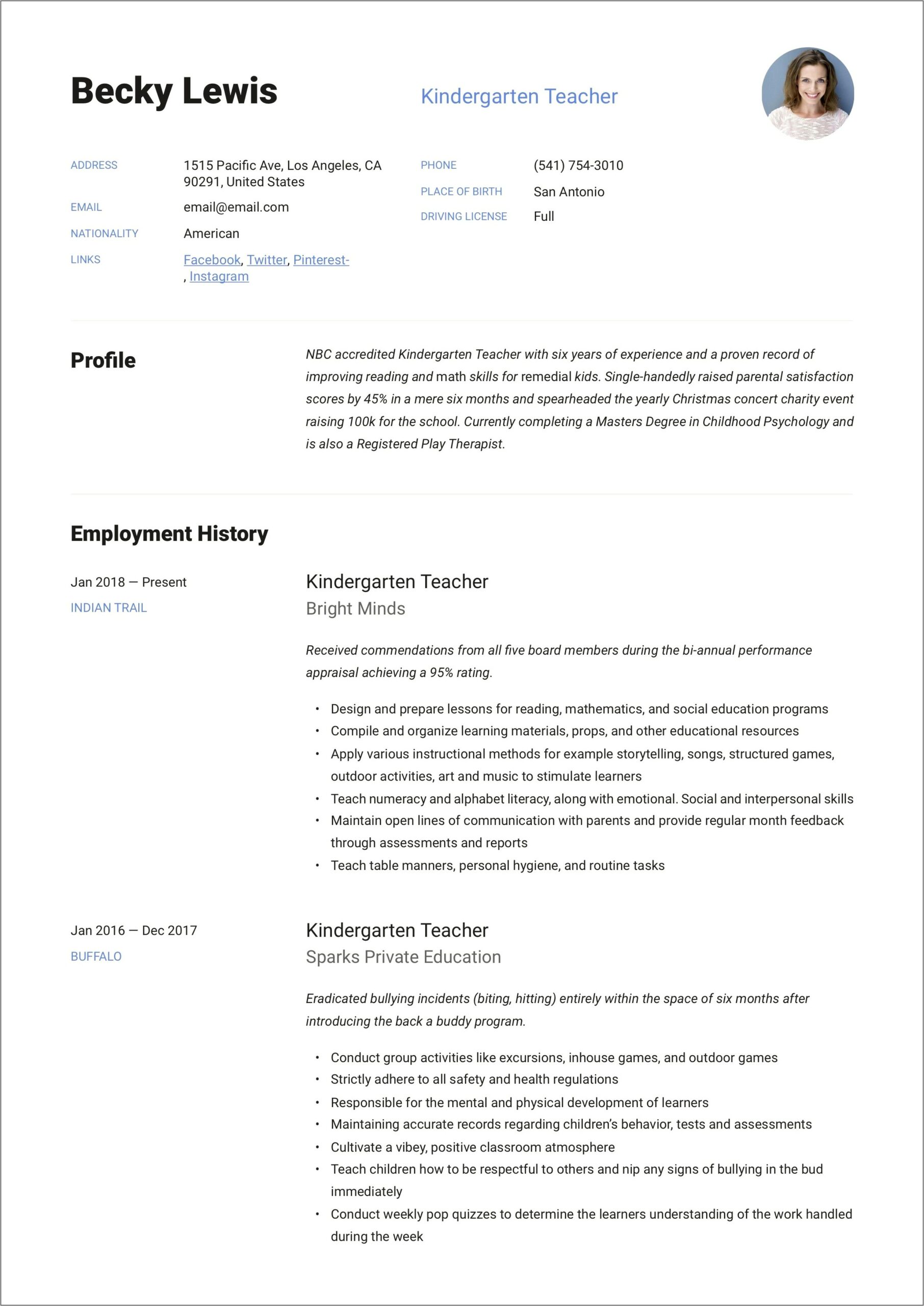 Nursery Teacher Job Description For Resume
