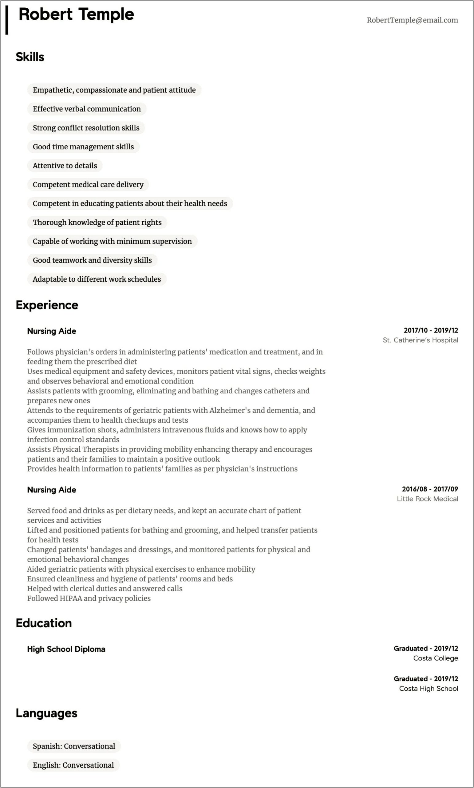 Nurse's Aide Job Description For Resume