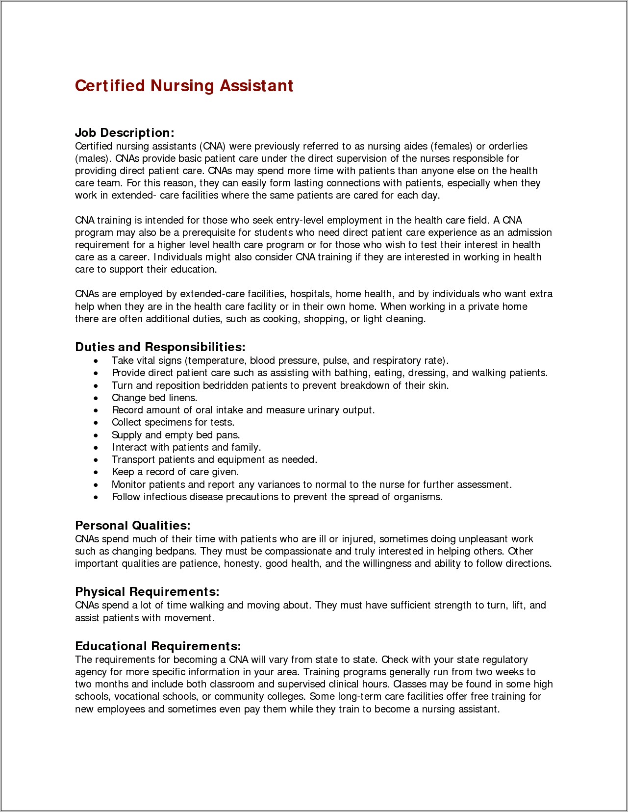 Nursing Assistant Job Summary For Resume