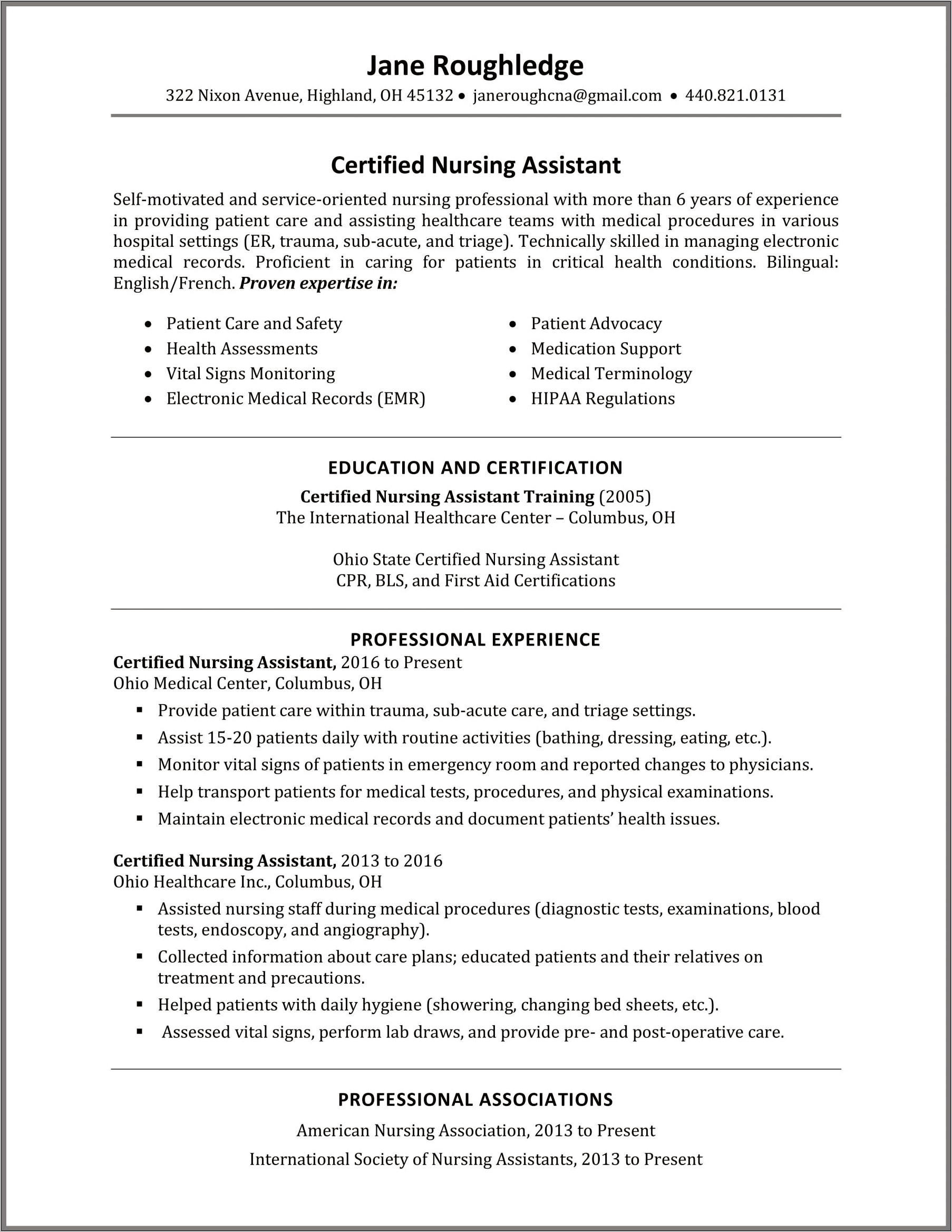 Nursing Assistant Work Description For Resume