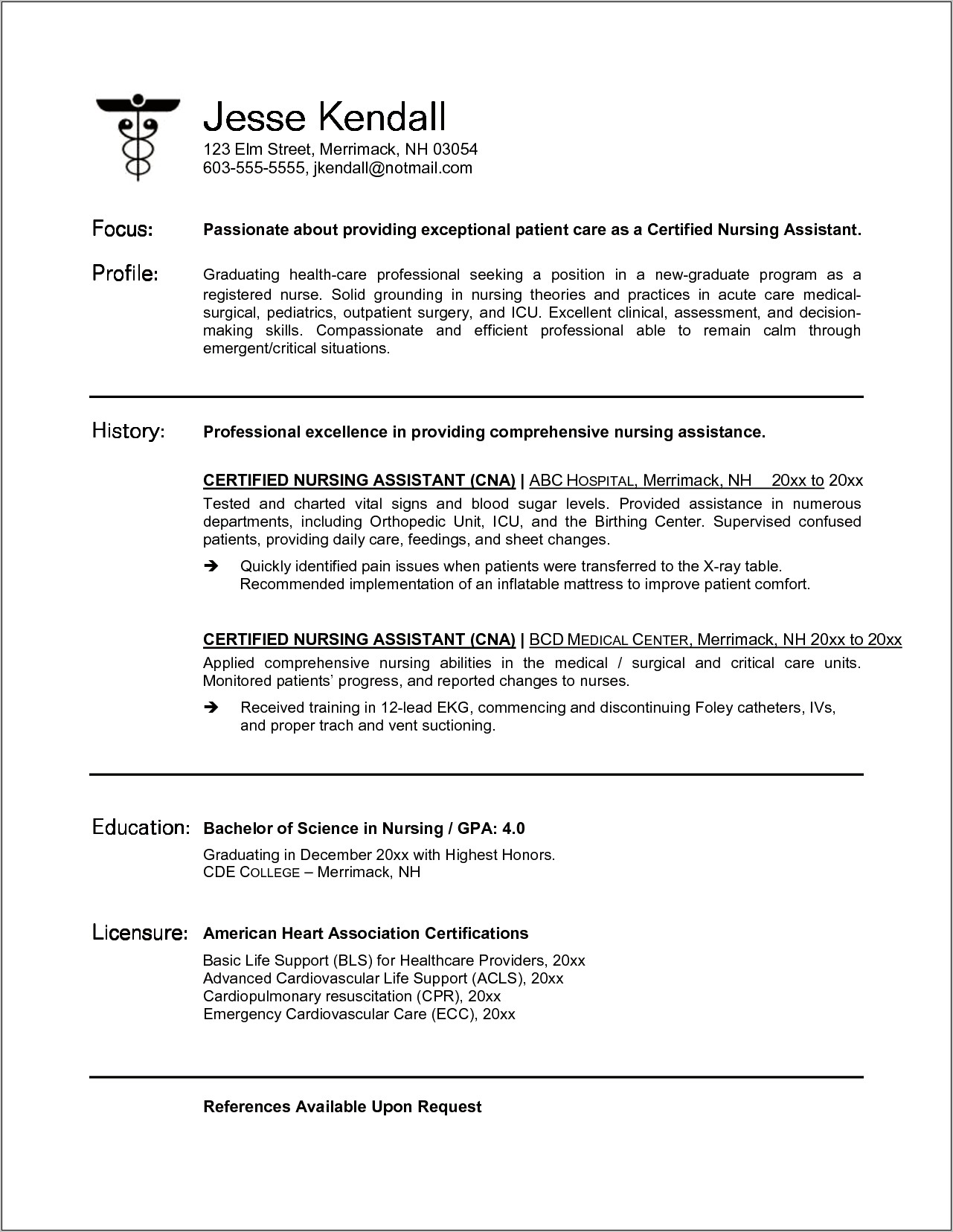 Nursing Student Resume With Cna Experience