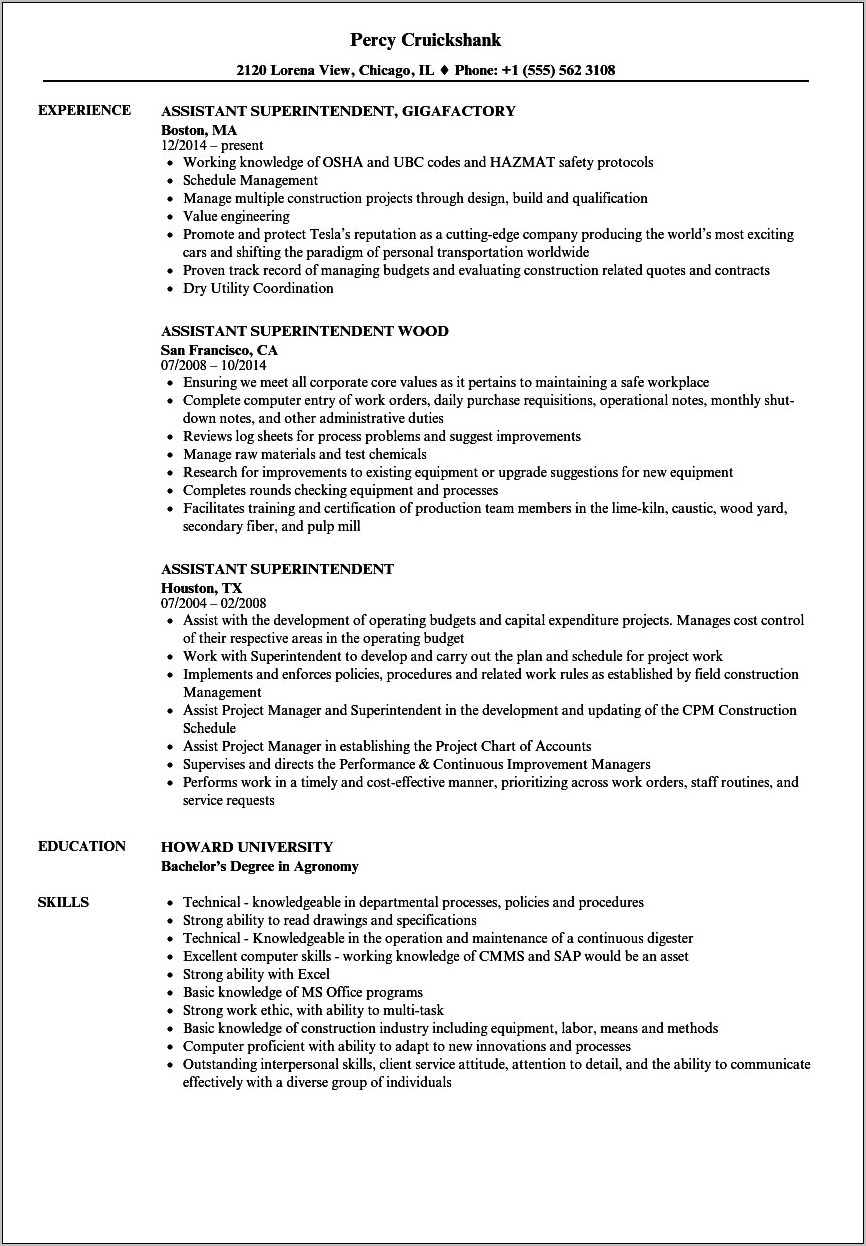 Nys Dol Construction Superintendent Resume Sample