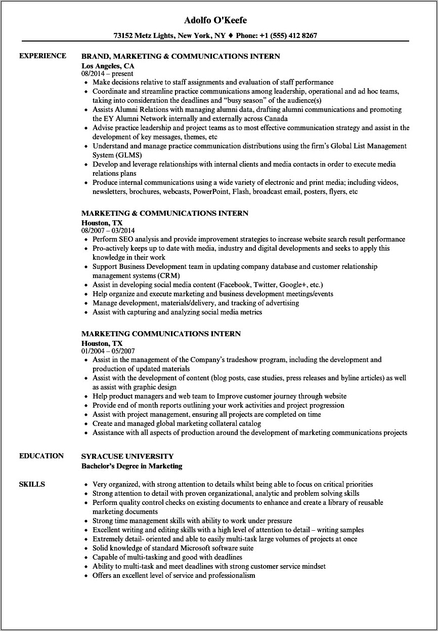 Objective And Skills For Resume For Communications Intern