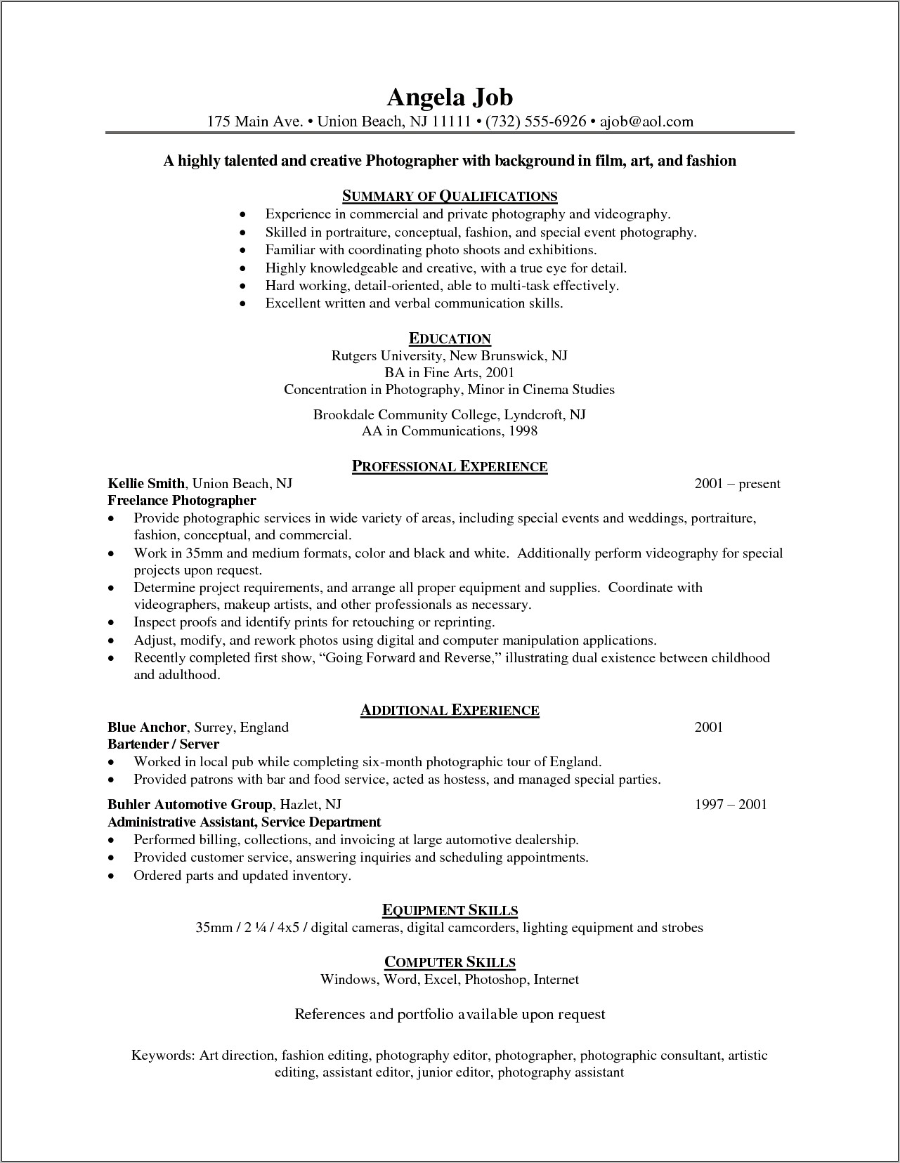 Objective Example For A Photographer Resume