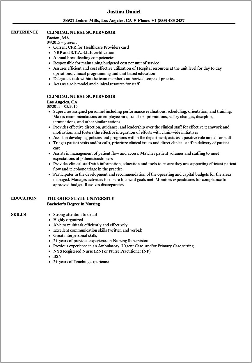Objective Examples For A Nurse Supervisor In Resume