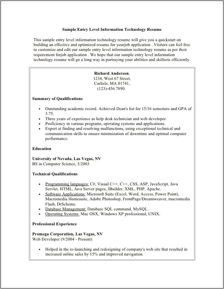 Objective Examples For Information Technology Resume