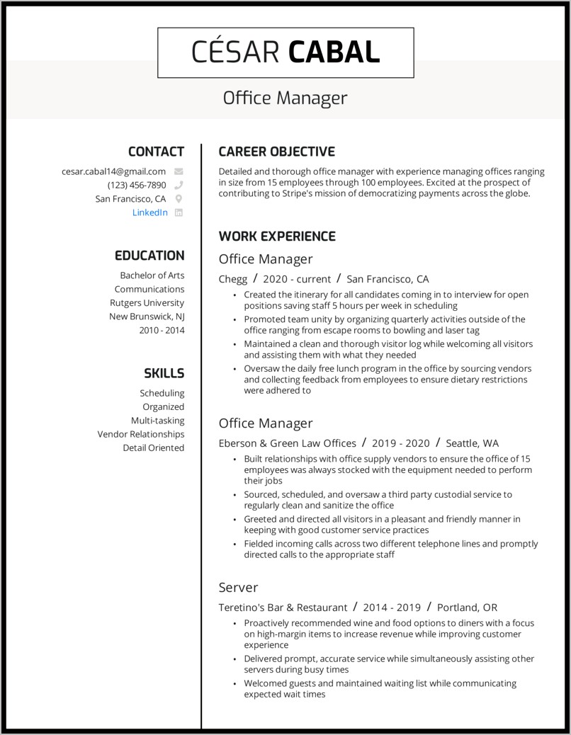 Objective Examples On Resume For Office Management