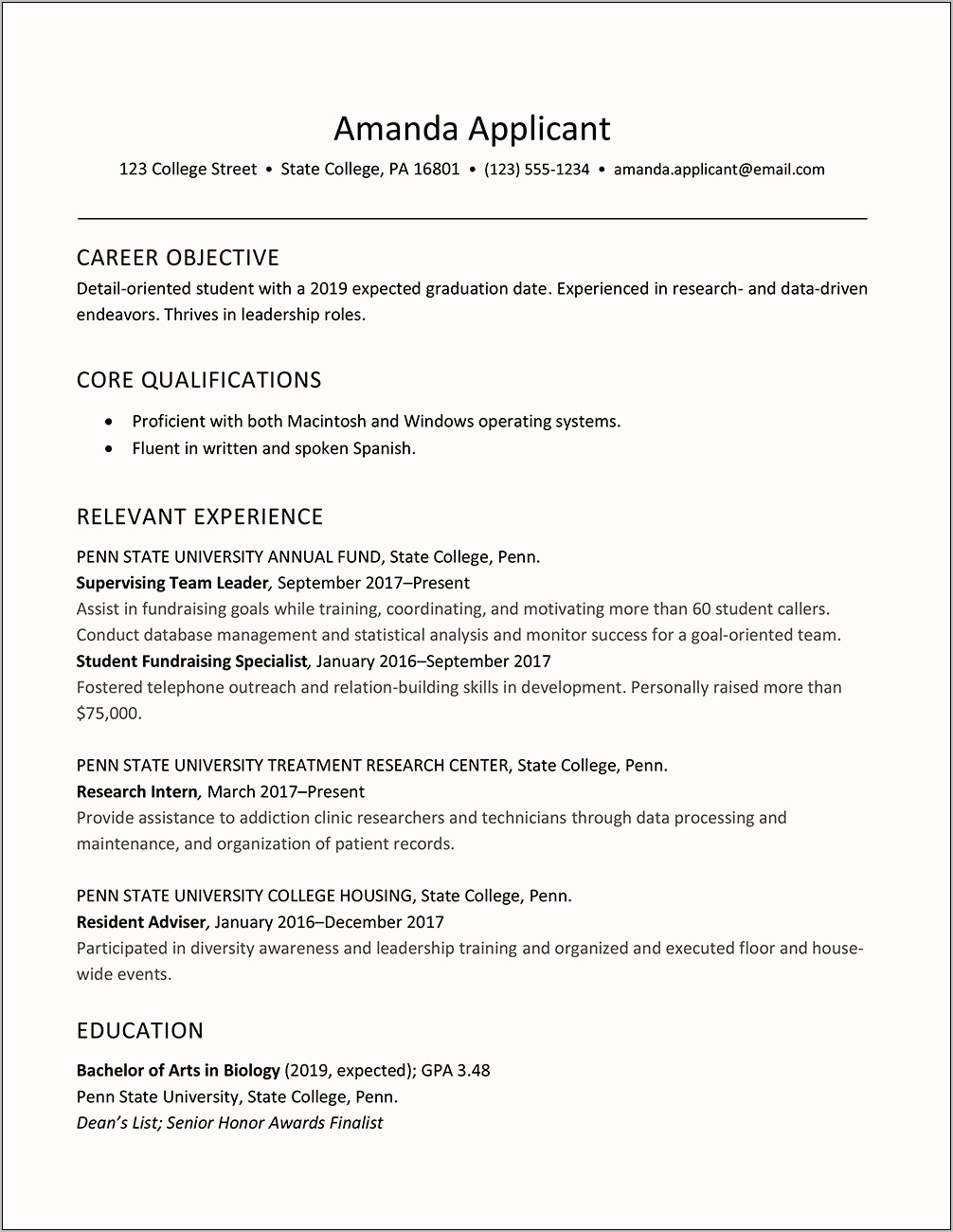 Objective For A College Resume