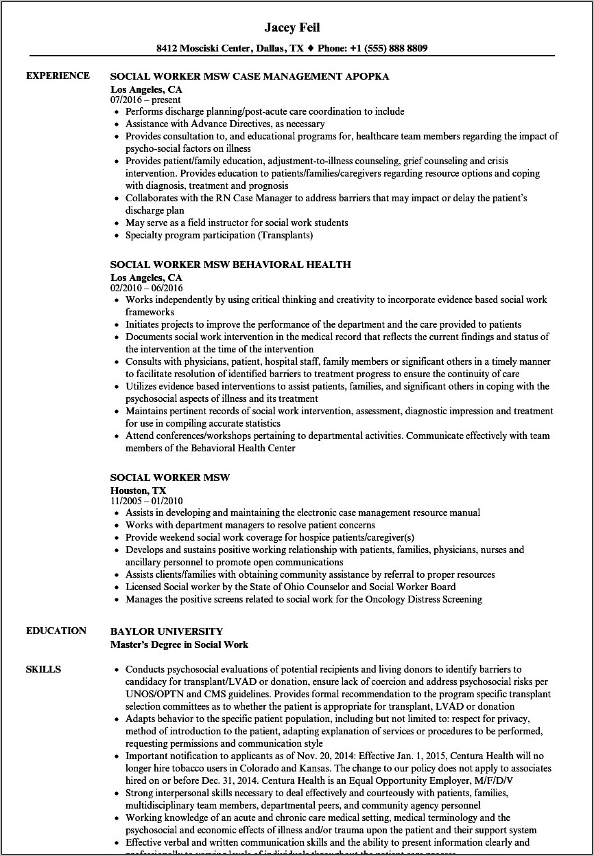 Objective For A Hospice Social Worker Resume