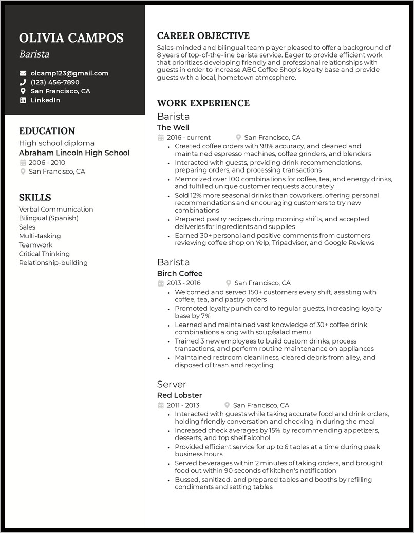 Objective For A Job Resume For Barista