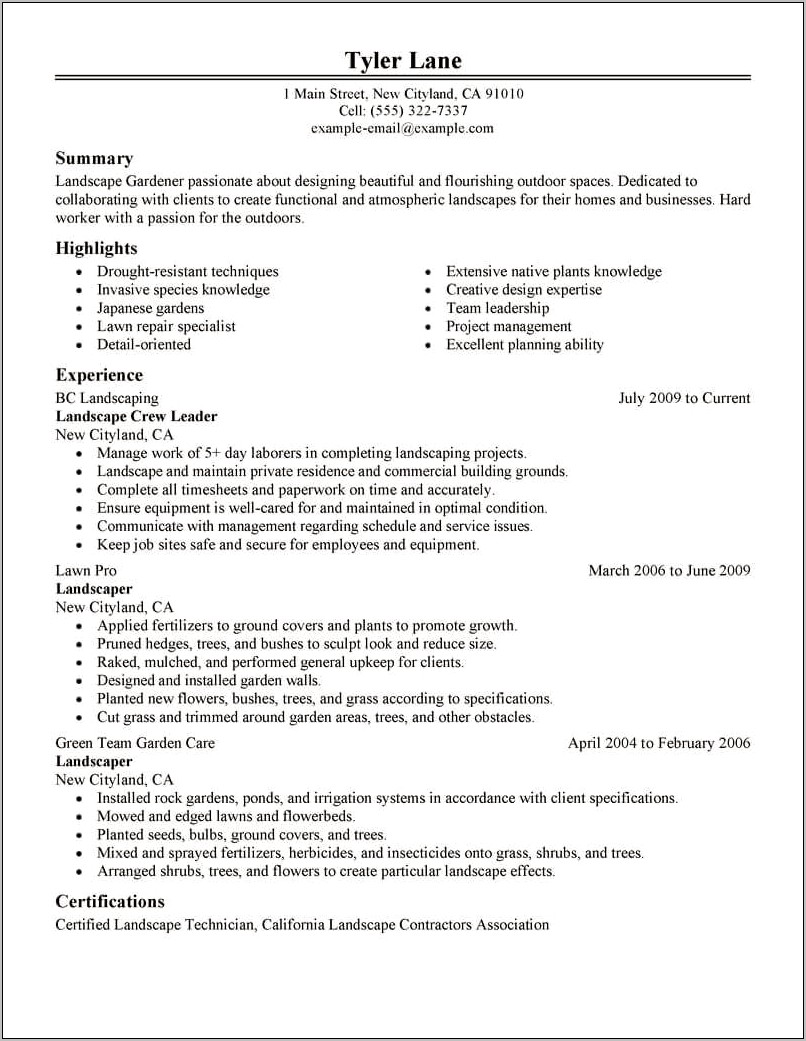Objective For A Resume For Landscaping