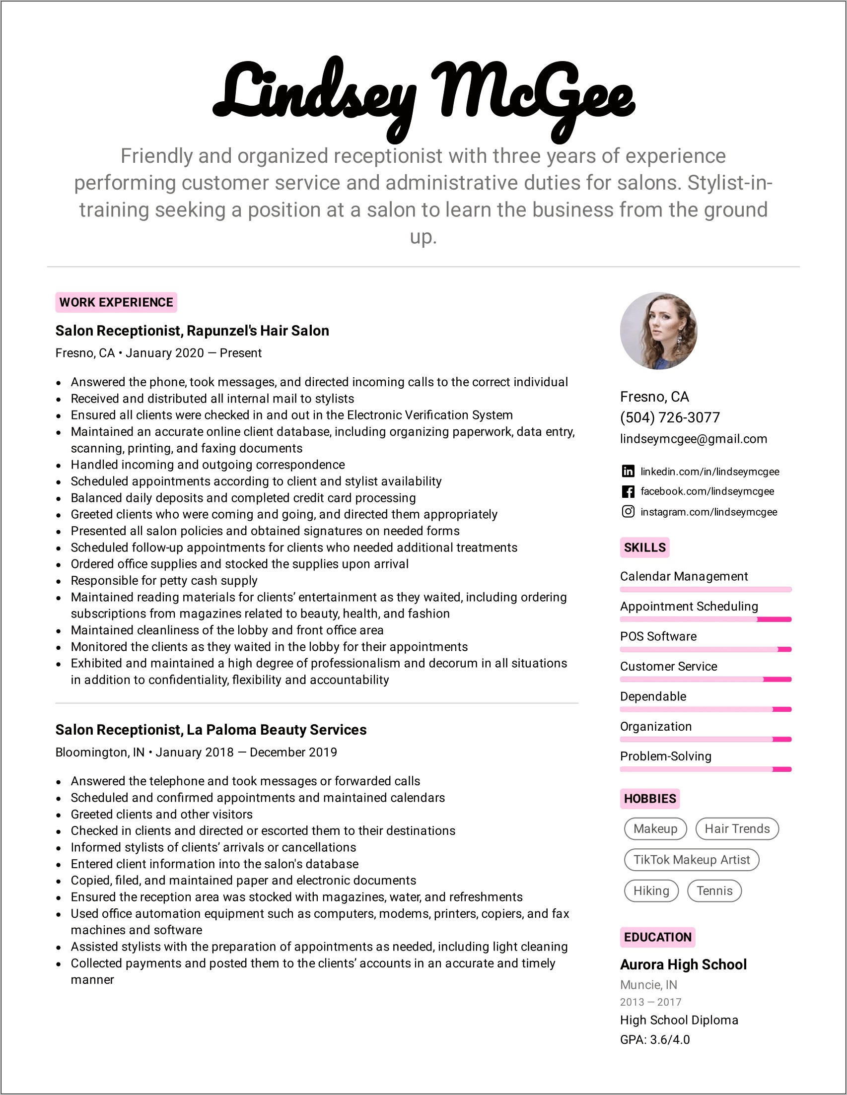 Objective For A Resume For Receptionist