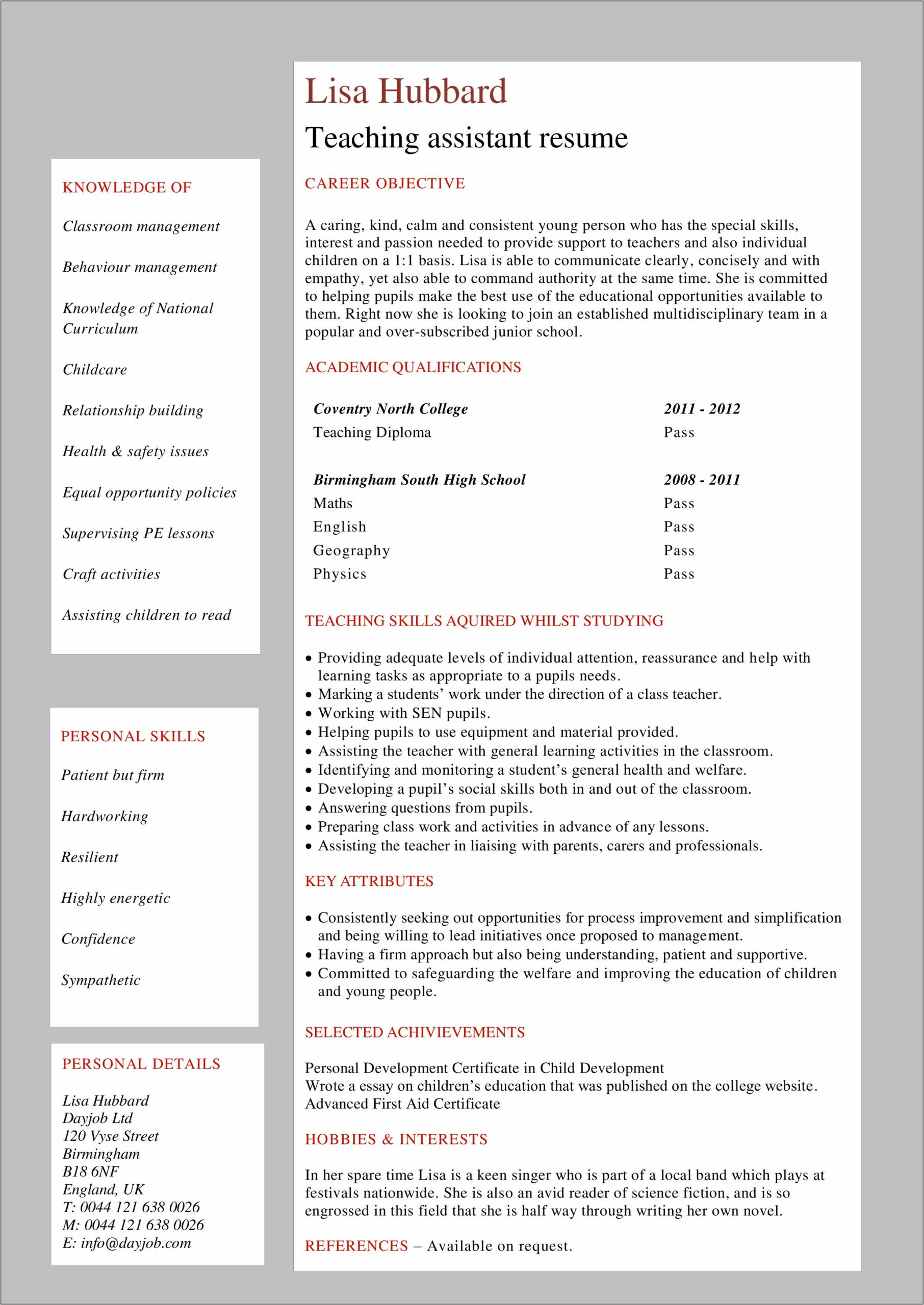 Objective For A Teachers Aide Resume