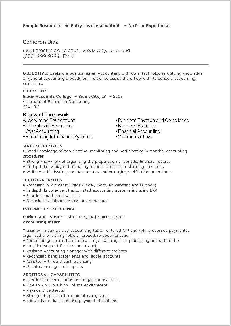 Objective For Accounting Resume With No Experience