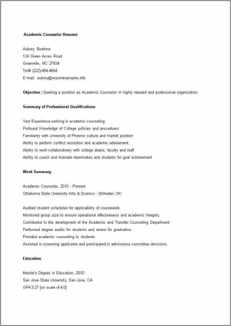 Objective For College Admission Counselor Resume
