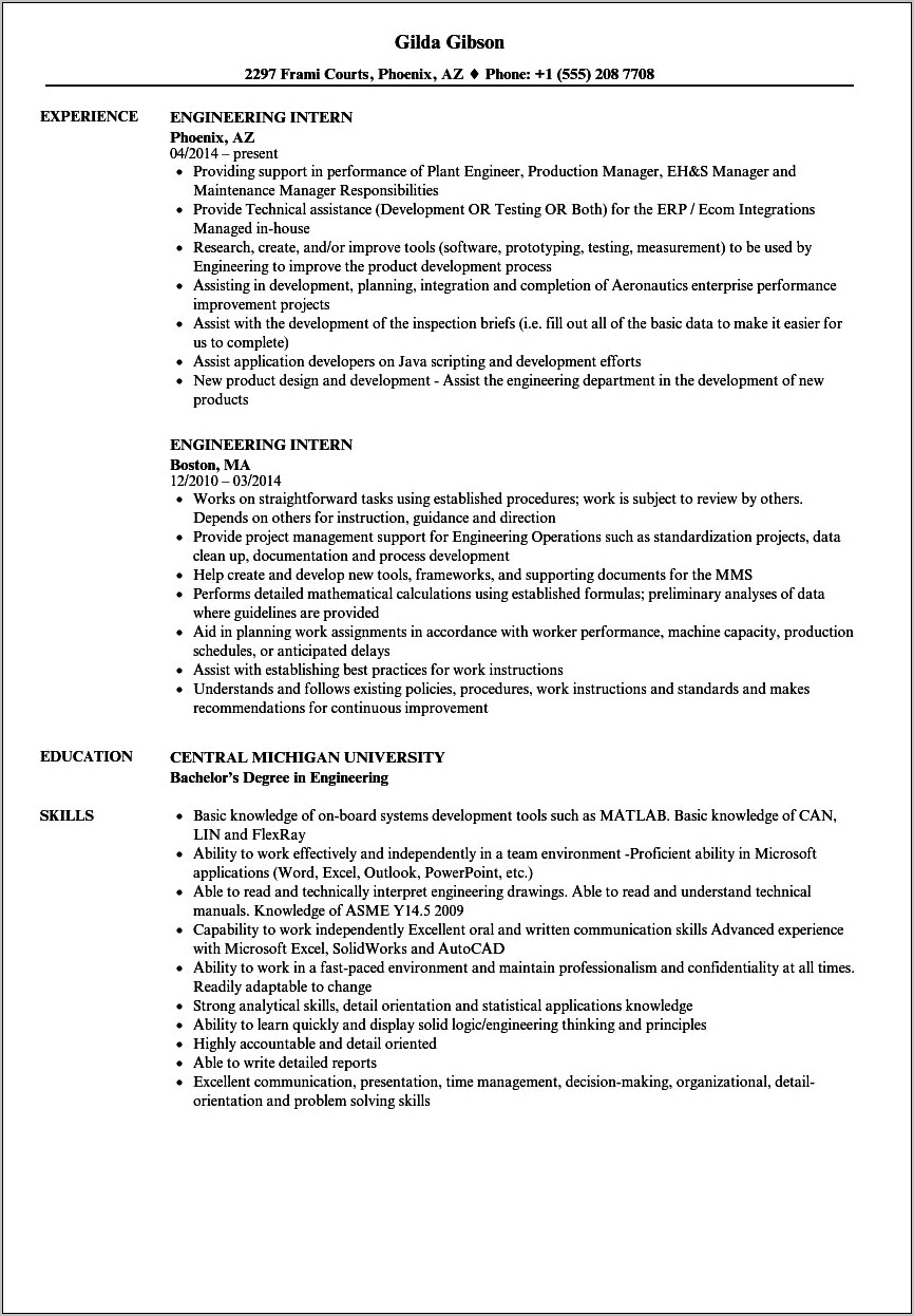 Objective For College Engineering Student Resume
