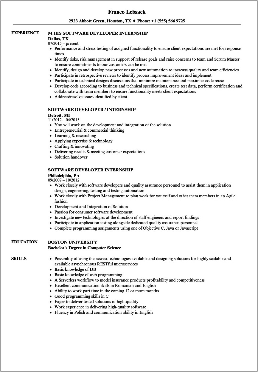 Objective For Computer Science Internship Resume