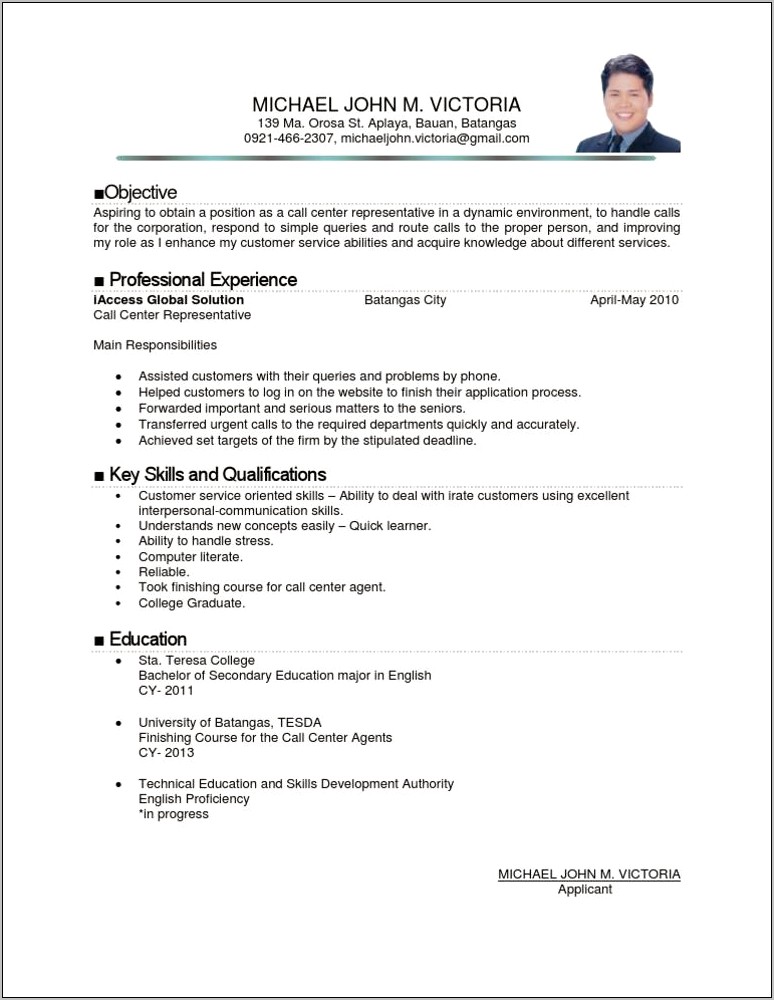 Objective For Customer Service Call Center Resume