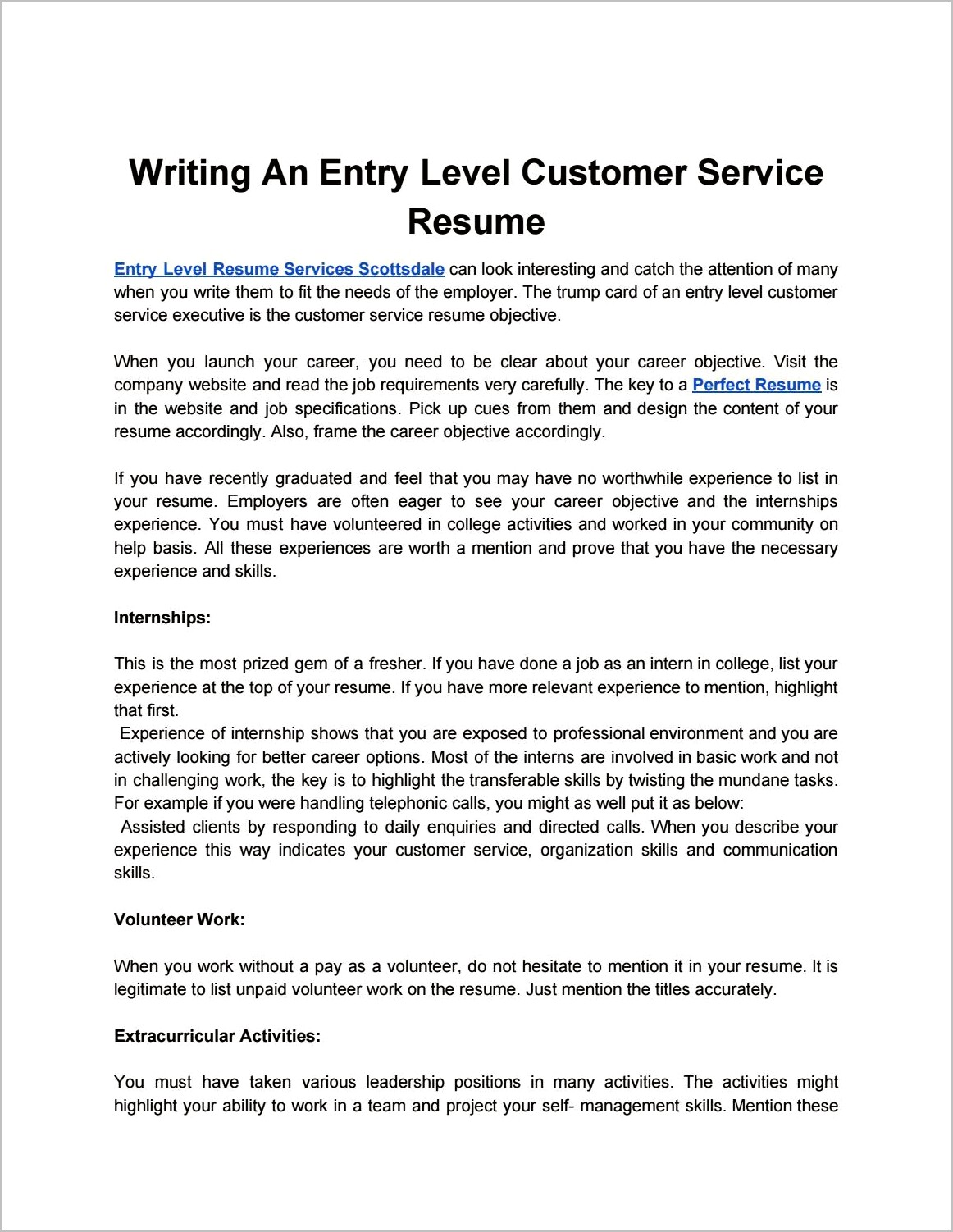 Objective For Entry Level Customer Service Resume