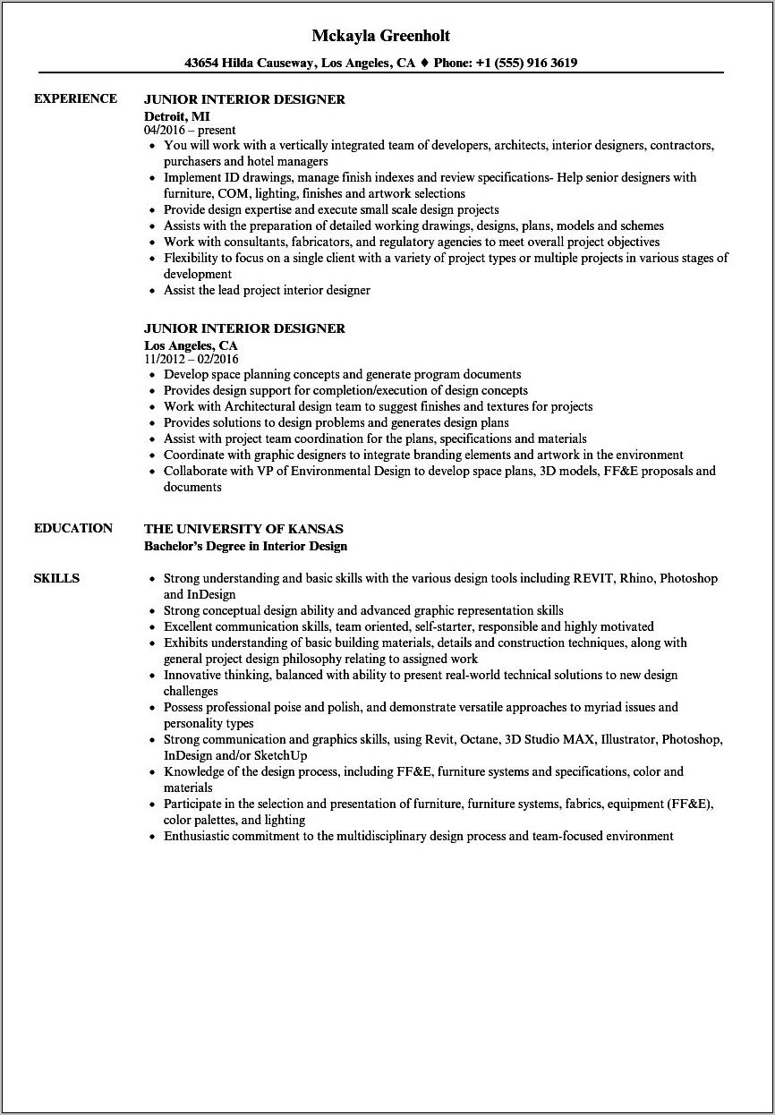 Objective For Interior Design Student Resume