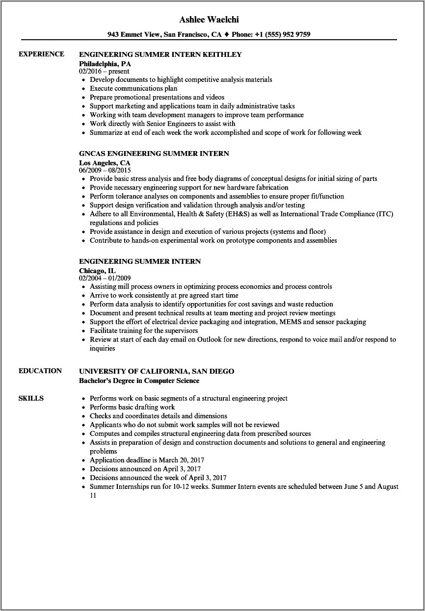 Objective For Internship Resume Electrical Engineering