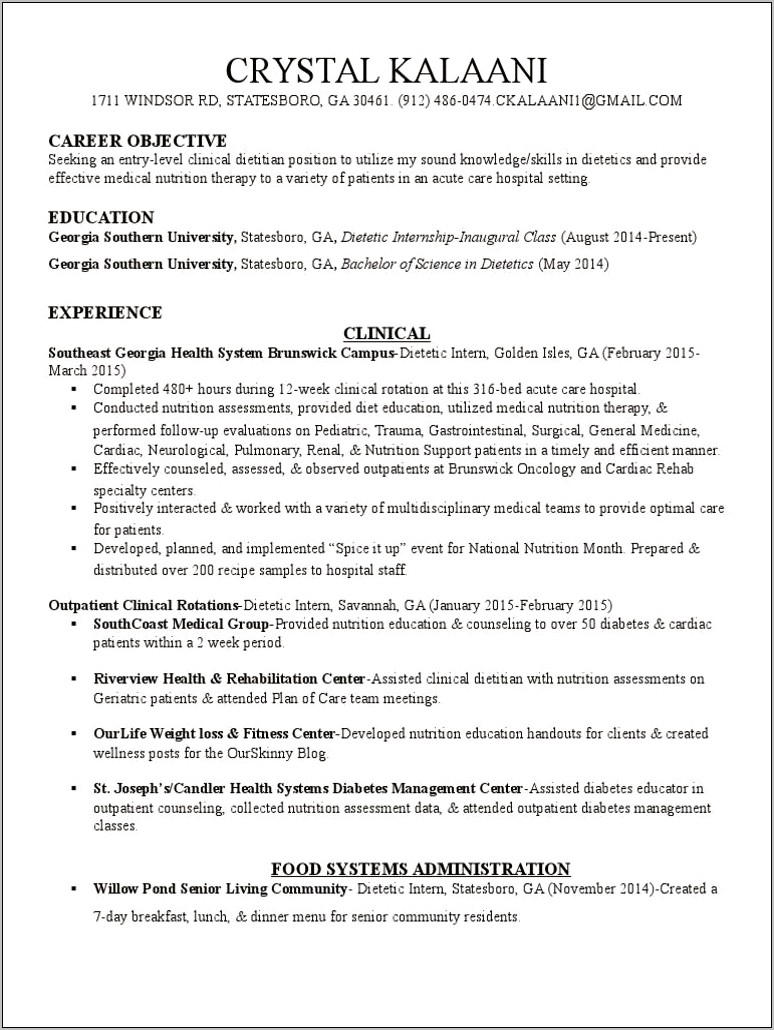 Objective For Management Position Resume Nutrition
