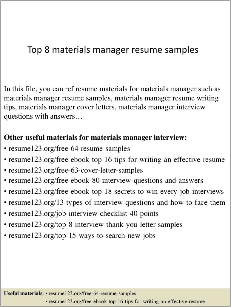 Objective For Materials Management Job Resume