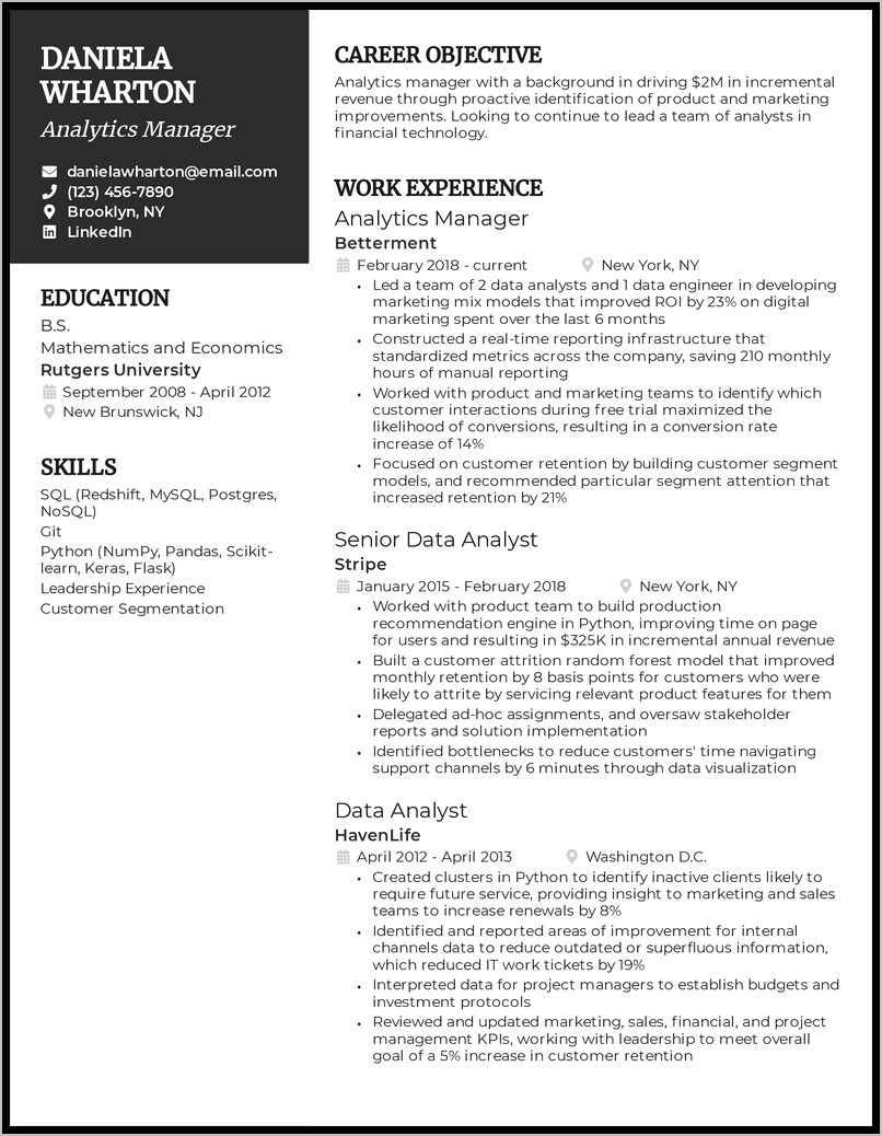Objective For Resume Data Analyst
